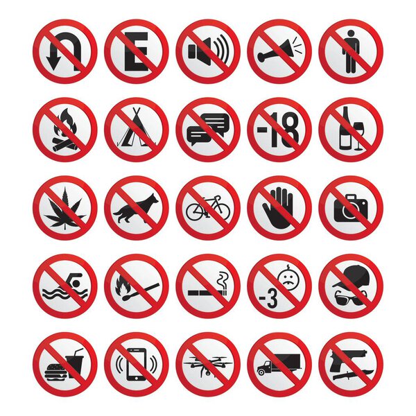 Collection of 25 prohibited signs, for signs of industries, businesses, exteriors and other spaces. Editable vectors.
