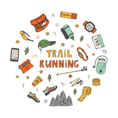 Color drawing of trail running equipment and accessories in round frame. Hand drawn icons in vector vector