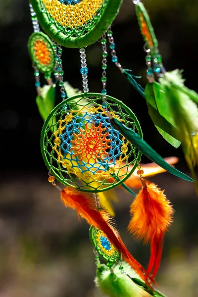 Dream Catcher Feathers Threads Beads Rope Hanging Dreamcatcher Handmade — Stock Photo, Image