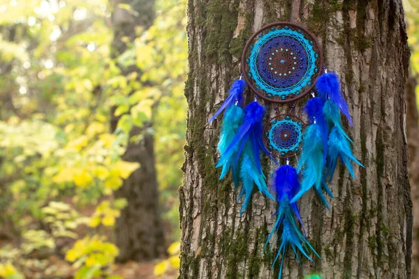 Apanhador Sonhos Com Fios Penas Pérolas Corda Pendurada Dreamcatcher Artesanal — Fotografia de Stock