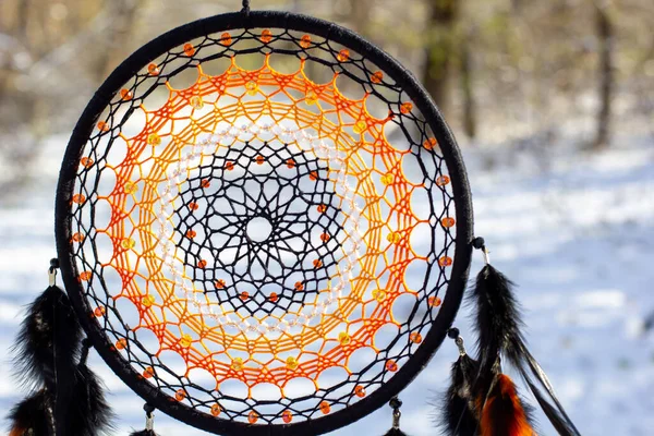 Attrape Rêves Avec Des Fils Plumes Des Perles Corde Suspendue — Photo