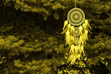 Tüylü, boncuklu ipleri sallanan bir düş kapanı. El yapımı düş kapanı. 2021 Yılı Rengi