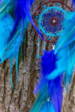 Tüylü, boncuklu ipleri sallanan bir düş kapanı. El yapımı düş kapanı.