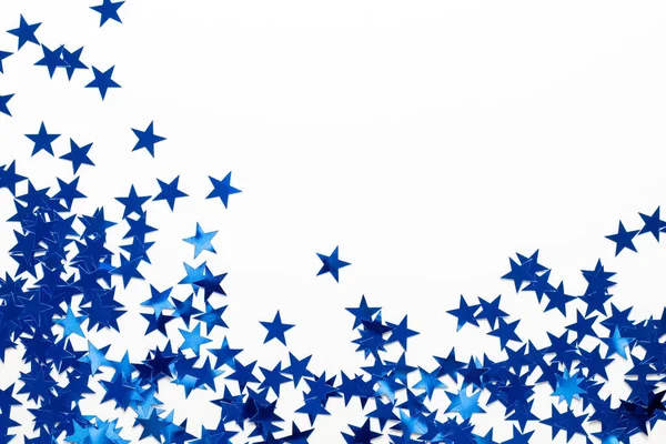 Рождественская Граница Конфетти Голубой Звезды Новый Год Белом Фоне Копирайтом — стоковое фото