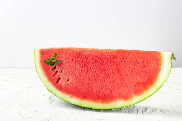 Sliced Fresh Red Ripe Watermelon Green Leaves Mint White Background — Stock Photo, Image
