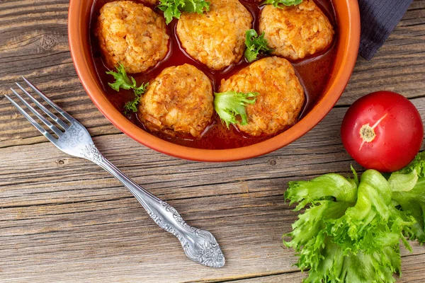 Meatballs Tomato Sauce Bowl Wooden Table Tasty Dinner Food Top — Stock Photo, Image
