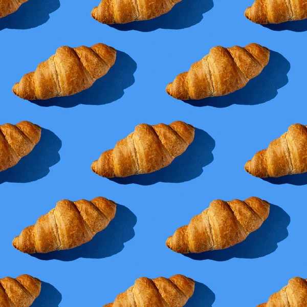 Seamless Pattern Tasty Croissant Blue Background Hard Light — Stock Photo, Image