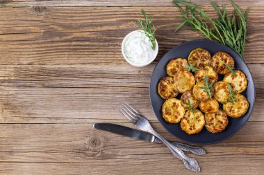 Ekşi krema soslu kızarmış kabak dilimleri. Doğal kahverengi ahşap arka planda akşam yemeği için otlu kızarmış kabaklar. Kopyalama alanı olan üst wiev