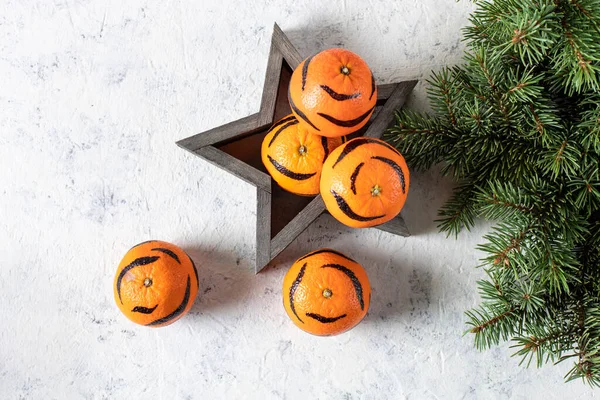 Beyaz arka planda beyaz çizgili mandalinalar ve Noel ağacı. Çocuklar için kaplanın yeni yılı konsepti. Çocuklar için kaplan mandalinası.