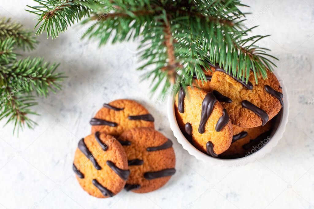 orange mandarin cookies with black stripes in bowl and fir tree branches. Christmas holiday sweet dessert. Concept for children new year