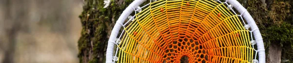 Rüya yakalayıcı iple asılı tüyler konu ve boncuk afiş. Dreamcatcher el yapımı