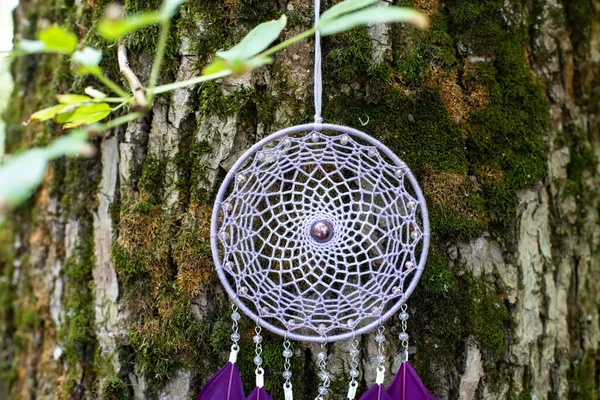 Chyták Snů Peřím Korálky Zavěšenými Provazy Dreamcatcher Ruční Výroba — Stock fotografie