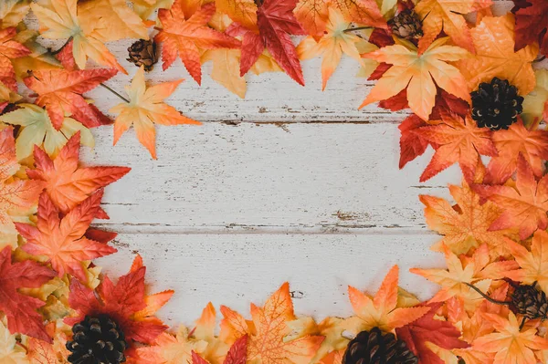 Autumn Fall Season Background Fake Maple Leaf Wood Table Harvest — Stock Photo, Image