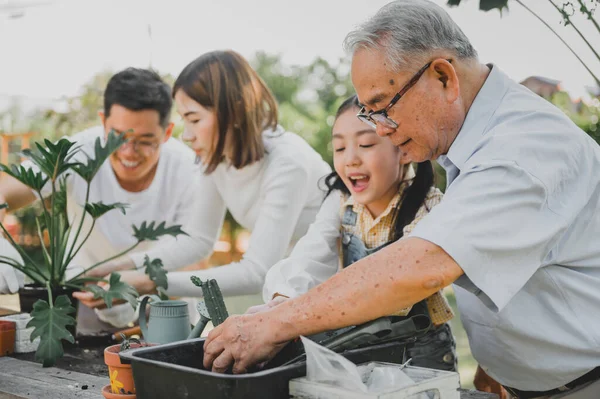 Asiatisk Familj Planterar Träd Trädgården Hemma Förälder Med Barn Och — Stockfoto