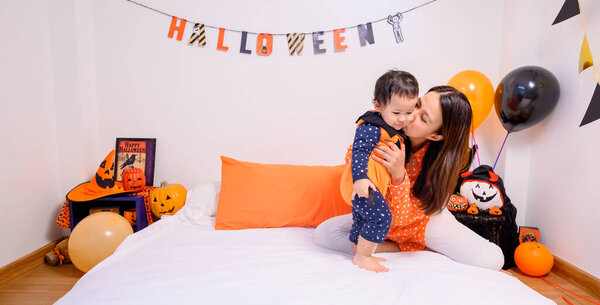 Mother Daughter Costume Celebrating Halloween Home Kid Mom Bedroom Decoration Stock Image