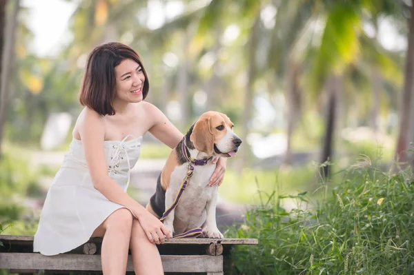 Asian woman together with dog. Solo outdoor lifestyle at natural park.