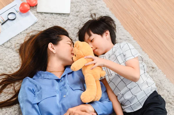 Asian Family Togetherness Home Mom Kid Playing Doctor Together Living — Stock Photo, Image