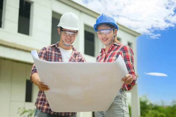 Ngineer Team Discuss Working Construction Property Site Inspection Village Project — Stock Photo, Image