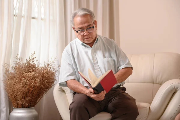 Senior Asia Membaca Buku Dan Tinggal Sendirian Rumah Gaya Hidup — Stok Foto