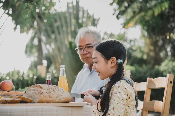 Grandfather Granddaughter Having Pizza Garden Home Retirement Age Lifestyle Family Stock Image