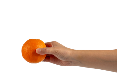 Şeffaf arkaplanda portakalla el ele tutuşmak.