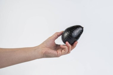 Avokado ve elle izole edilmiş beyaz arka plan yakın plan.