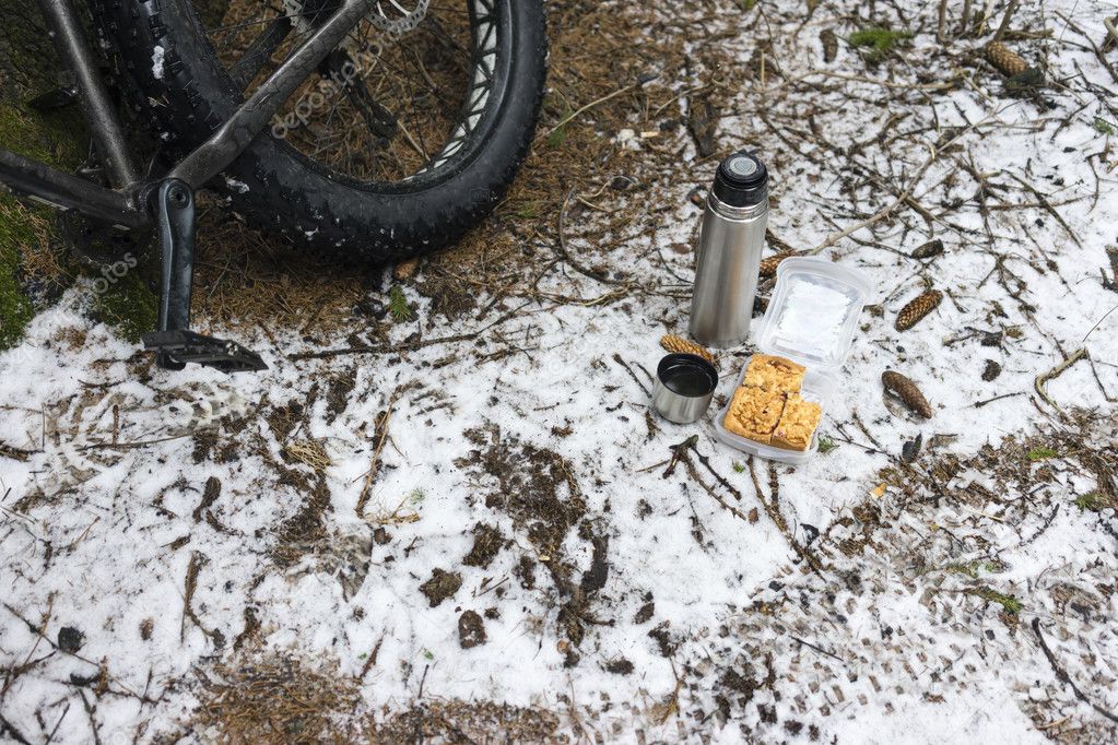 fatbike and picnic in winter forest