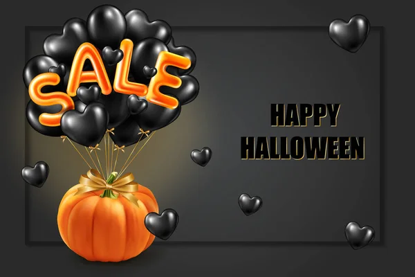 Halloween shopping och försäljning banner med realistisk pumpa och svart och försäljning ballonger på svart bakgrund. Försäljning. illustration. Kopiera utrymme. — Stockfoto