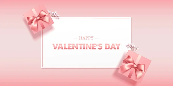 Beatiful pink pastel greeting card or banner with gift box. Happy Valentines Day. Vector illustration for greeting card, banners, wallpaper, invitation, flyer, sertificate or gift card. — Stock Vector