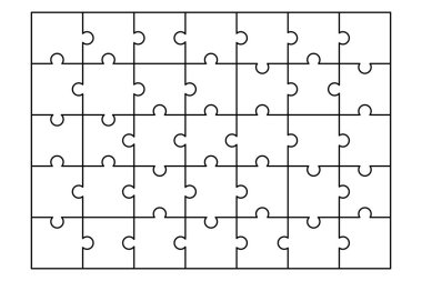 Bulmaca şablonu. Minimalist yapboz şablonu ya da temiz bir arkaplanda birbirine kenetlenmiş 35 yapboz parçası için kesik çizgiler. Oyunlar için ideal, aktivite kitapları, yaratıcı projeler, kendi bulmacanı yaratmak için. Vektör