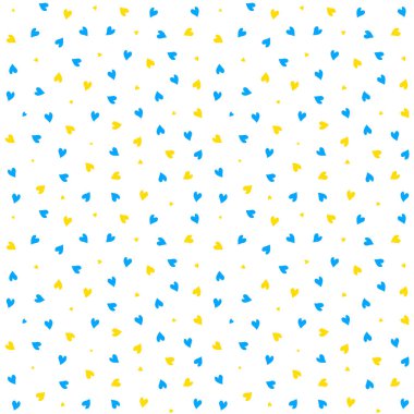 Küçük mavi ve sarı kalpleri olan hoş, pürüzsüz bir desen. Ukrayna bayrağı renginde neşeli rastgele dağılmış kalpler. Hediye paketleme, paketleme, çocuk kumaşları ya da Ukrayna projeleri için mükemmel. Vektör.