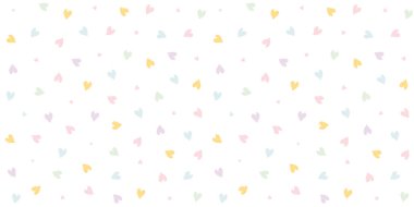 Küçük pastel kalpli şirin, pürüzsüz bir desen. Şeffaf bir arkaplanda rastgele dağılmış pastel kalpler. Yeni doğan eşyalar, hediye paketleri, çocuk kumaşları ya da projeleri için mükemmel. Vektör.