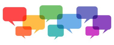 Çok renkli konuşma baloncukları, saydam bir arkaplanda izole edilmiş. Konuşma, diyalog, dekorasyon için iletişim konsepti. PNG ve Vektör illüstrasyonu.