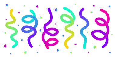 Renkli kurdeleler ve konfetiyle soyut afişler. Yeni yıl partisi davetiyesi, tebrik kartı, doğum günü, zafer kutlamaları ve Noel süslemeleri için sevimli bir kutlama yılanı. Vektör.