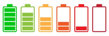 Batarya Şarj Seviyesi Göstergesi Ayarlandı. Çeşitli yük seviyelerini temsil eden basit pil simgeleri. Dolunaydan boşluğa, canlı renklerle. Enerji, teknoloji ya da güçle ilgili kavramlar için idealdir. Vektör. PNG