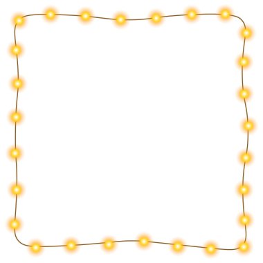 Şenlikli kare çerçeve, parlak sarı ışıklarla süslenmiş. Parlak şenlik dekorasyonu. Yılbaşı, Noel, doğum günü kutlamaları ya da diğer şenlik tasarımları için ideal. PNG. Vektör illüstrasyonu