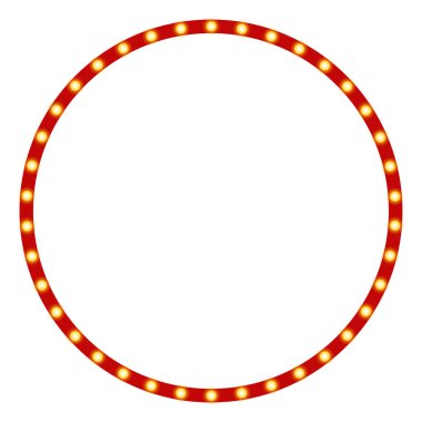 Kırmızı daire çerçeve. Ampuller ve fotokopi uzayı ile ışıldayan kenarı var. Tiyatro, sinema, sirk ya da kumarhane projeleri için en iyisi, gösteri duyuruları, etkinlik reklamları. Marquee Frame Tiyatrosu. PNG. Vektör.