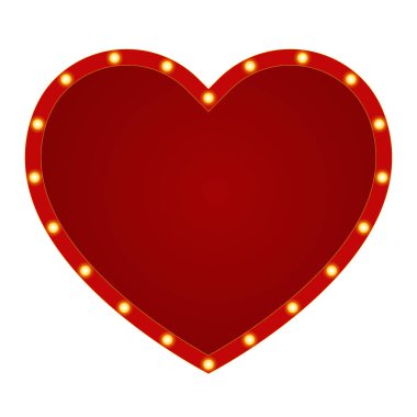 Kırmızı kenarı ve ampulleri olan, şeffaf bir arkaplanda izole edilmiş afiş kalp çerçeveleri. Sevgililer Günü tasarımları, düğünler, aşk ve romantik dekorasyonlar için geçmişe dönük kumarhane tabelaları. PNG. Vektör.