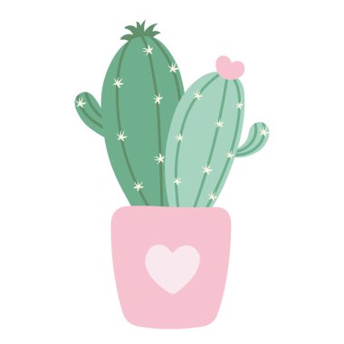 Sevimli aşk kaktüsü. Şeffaf bir arka planda izole edilmiş pastel tonlarda el yapımı şirin bir çift kaktüs. PNG ve Vektör illüstrasyonu.