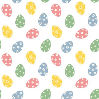 Pastel Paskalya yumurtaları ve çiçek desenli hoş, pürüzsüz desenler. Bahar tatilleri için düz vektör illüstrasyonu, Paskalya kartları, çocuk tasarımları, baskılar, şenlikli kumaş, tekstil veya ambalaj kağıdı. EPS