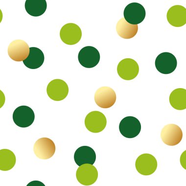 Temiz bir arkaplanda yeşil ve altın renkli polka noktaları olan kusursuz vektör deseni. Aziz Patrick Günü, Paskalya, ya da bahar modern tasarımlar, ambalaj kağıdı, tekstil ve daha fazlası için en iyisi. Vektör