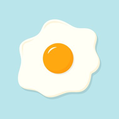 Düz stil sahanda yumurta vektörü, basit şekiller, pürüzsüz renkler ve yumuşak damla gölgesi. Mavi arka planda çok az yiyecek çizimi var. Modern kahvaltı tasarımı öğesi.