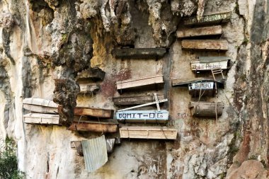 Echo Valley, Sagada, Luzon, Filipinler 2024 'teki bir uçuruma bağlı Sagada' nın asılı tabutlarının görüntüsü.