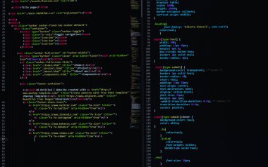 Geliştirici piton, java betiği, html, css kaynak kodu monitör ekranında. Yazılım geliştiricisinin betiği. program kodlaması. Programcı kod düzenleme arka planı. Teknoloji arka planı yakın çekim.