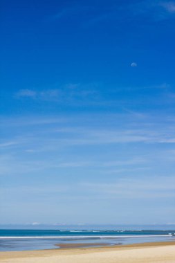 Tropik sahil manzarası ve yazları mavi gökyüzünde ay.