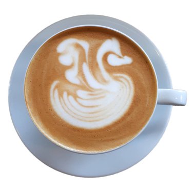 Beyaz arka planda izole edilmiş beyaz kahve sütlü sanat köpüğü, kuğu