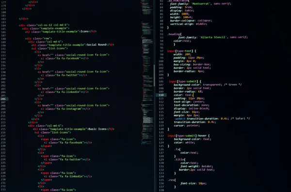 Geliştirici piton, java betiği, html, css kaynak kodu monitör ekranında. Yazılım geliştiricisinin betiği. program kodlaması. Programcı kod düzenleme arka planı. Teknoloji arka planı yakın çekim.