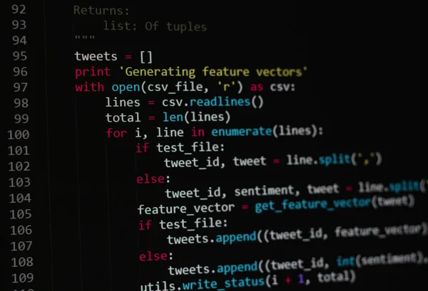 developer python, java script, html, css source code on monitor screen. writing script of software developer. program coding. programmer editing code background. Technology background close up shot.