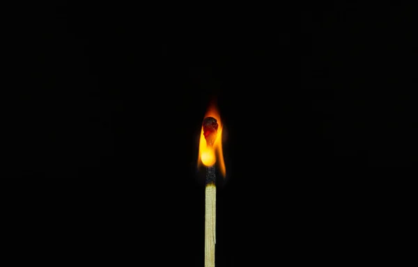 Close Single Matchstick Burning Isolated Black Background — Stock Photo, Image