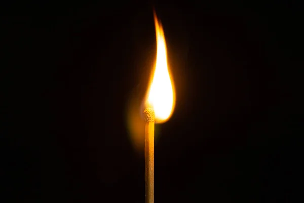 Close Single Matchstick Burning Isolated Black Background — Stock Photo, Image
